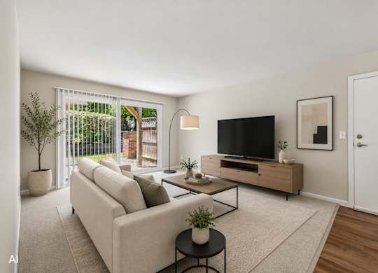 A living room with a white couch, a black TV, and a plant on a table.