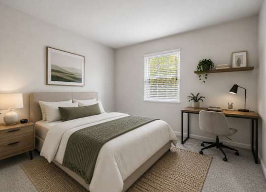 A bedroom with a bed, desk, and chair.