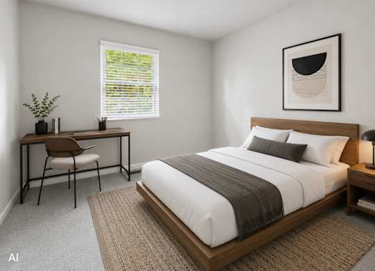 A bedroom with a large bed, a desk with a chair, and a window with blinds.