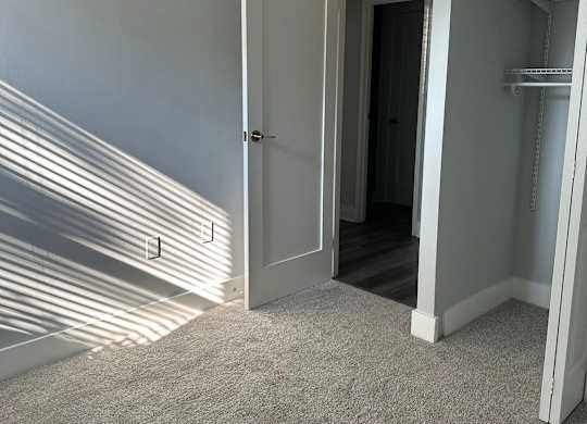 A white door is open to a dark hallway.