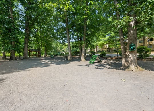 a park with trees and a green bench