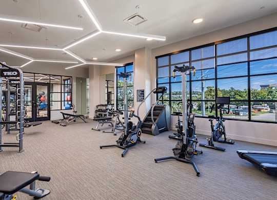 a gym with weights and cardio equipment and large windowsat Sterling Nashville West Apartments, Nashville, 37209