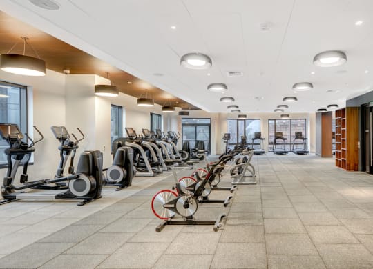 Spin Bikes and Cardio Equipment in Fitness Center at Stratus, Seattle, WA