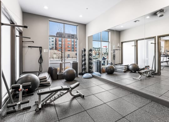 Free Weights Area in Fitness Center at Windsor at Broadway Station, Denver, CO