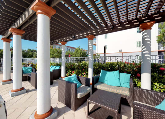 Lounging Area with pergola with seating area at Windsor Biscayne Shores, Apartments for rent in North Miami