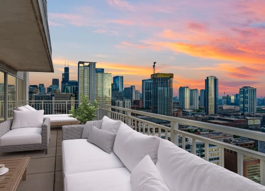 Outdoor space and city views at Flair Tower, Chicago, Illinois