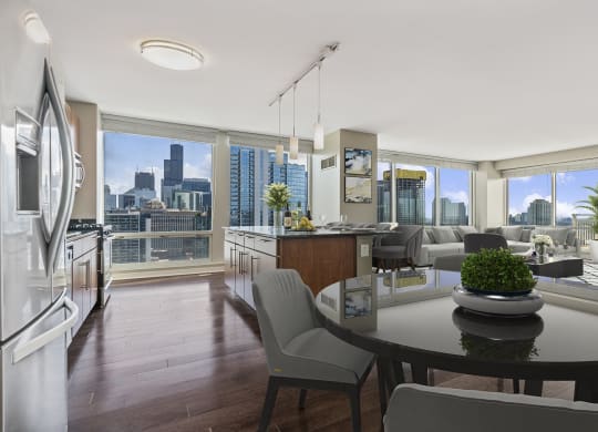 Dining space surrounded by views at Flair Tower, Chicago, Illinois