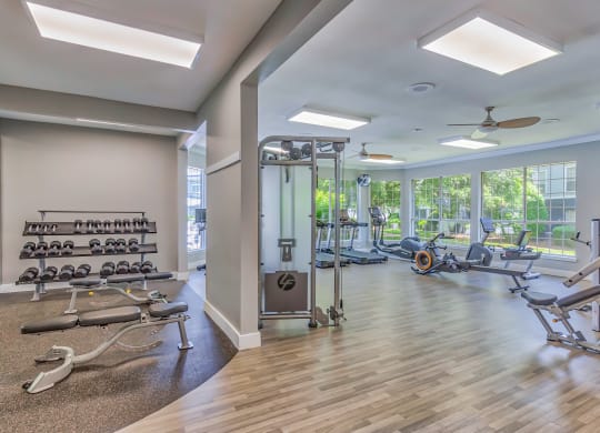 The resident fitness center  at Windsor Addison Park