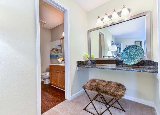 Windsor Oak Creek - Spacious Bathroom with large mirror and a stool in Fairfax VA