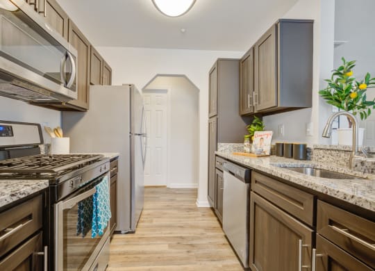 Kitchen with stainless steel appliances and granite countertops at Windsor Kingstowne, Alexandria, Virginia 22315