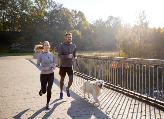 a man and woman running with a dog on a bridge