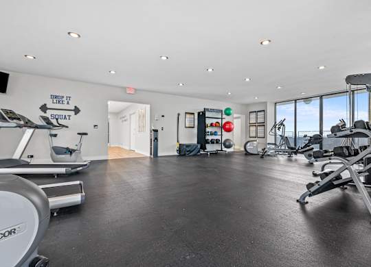 A gym with a variety of equipment including treadmills, weights, and a squat rack.