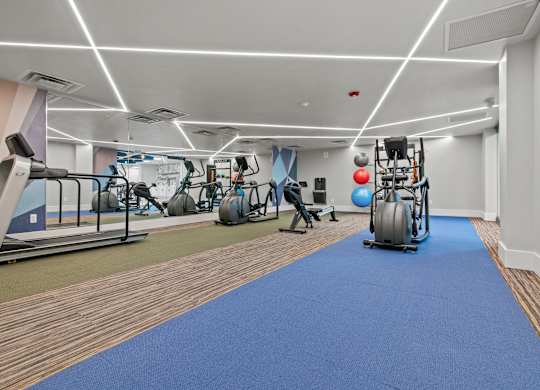 A gym with a blue mat in the foreground and various exercise equipment.