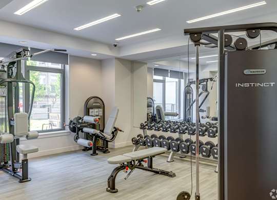 A gym with a variety of equipment including a weight bench, a leg press machine, and a cable machine.