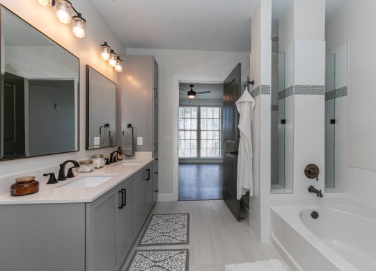 a bathroom with a tub and a sink and a shower