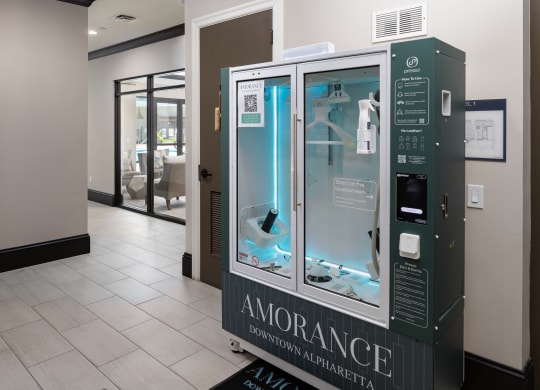 a vending machine in the lobby of a building