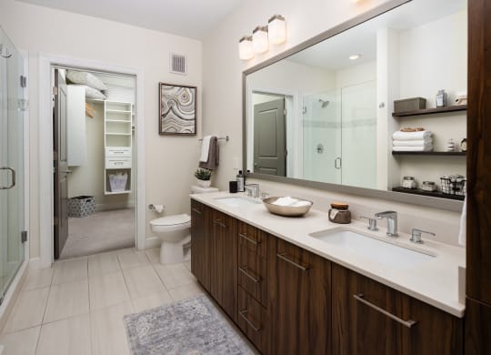 a bathroom with a large mirror and a sink and a toilet