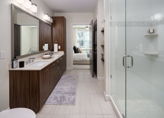 a bathroom with a shower and a sink and a mirror