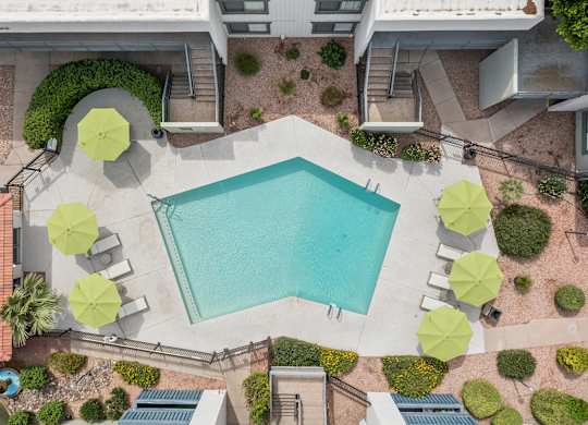 A swimming pool surrounded by green plants and umbrellas.