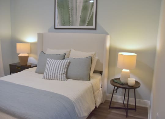 a bedroom with a bed and two lamps