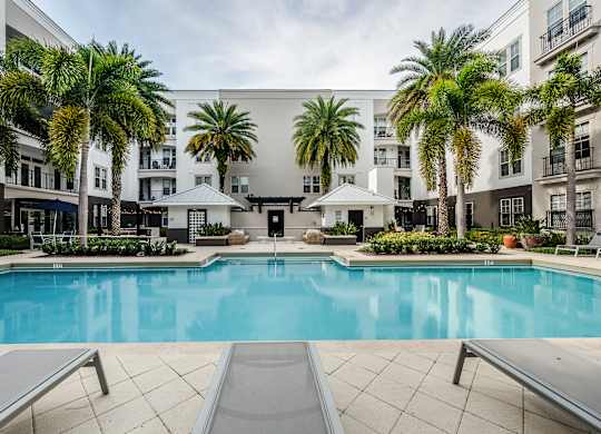 A large swimming pool surrounded by palm trees and lounge chairs.