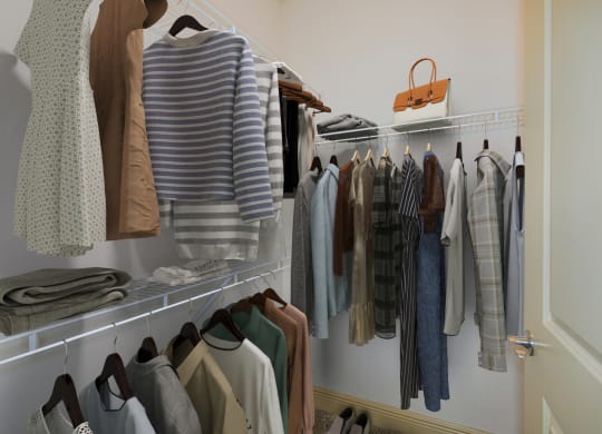 a closet with a rack of clothes and a handbag