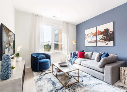 a living room with a blue accent wall and a gray couch at 100 House Apartments, Jersey City , NJ