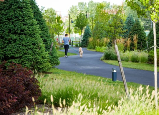 a woman walking her dog down a path in a park at 100 House Apartments, Jersey City , NJ