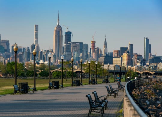 a park with benches and a view at 100 House Apartments, Jersey City , NJ, 07310