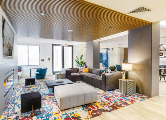 a living room with couches and chairs and a rug at One Ten Apartments, New Jersey