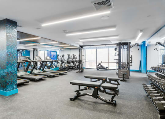 a gym with cardio equipment and weights on the floor at One Ten Apartments, New Jersey, 07310