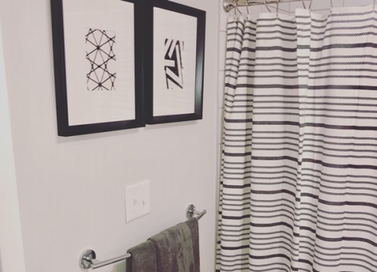 a bathroom with a striped shower curtain and pictures on the wall at Carver and Slowe Apartments, Washington
