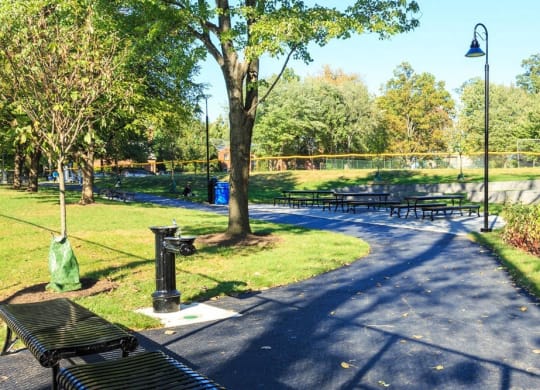a path in a park with benches and trees at The Saratoga Apartments, Washington