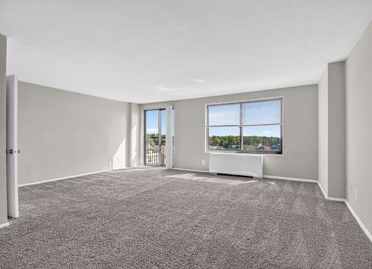 A spacious room with grey carpeting and a large window.