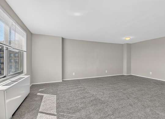A large empty room with a carpeted floor and a window on the left side.