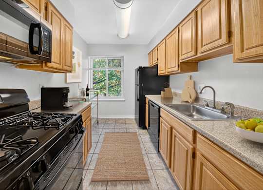 A kitchen with black appliances and wooden cabinets.