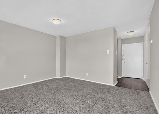 A room with a carpeted floor and a white door.