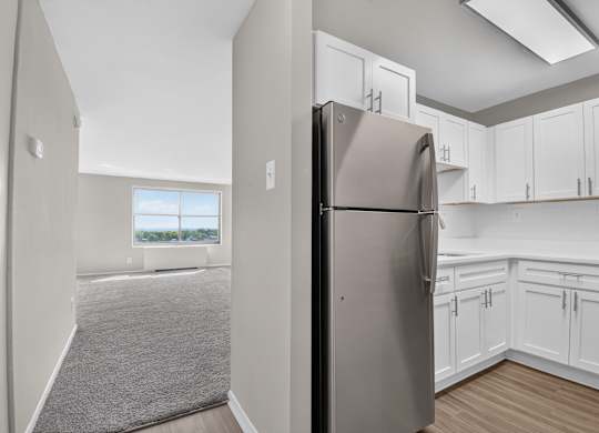 A modern kitchen with a refrigerator and cabinets.