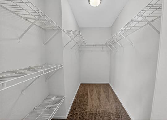 Empty white refrigerator with brown carpet on the floor.