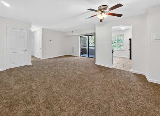 A room with a ceiling fan and carpeted floor.