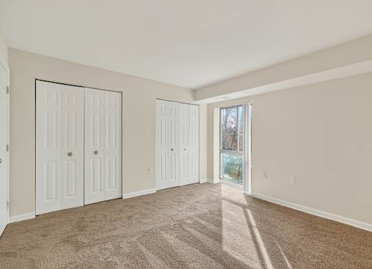 A room with white doors and carpeted floor.