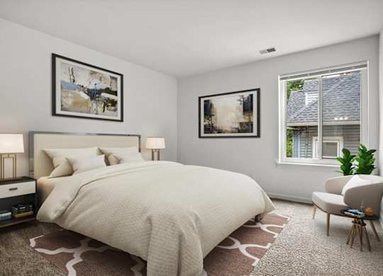 a bedroom with a bed and two windows