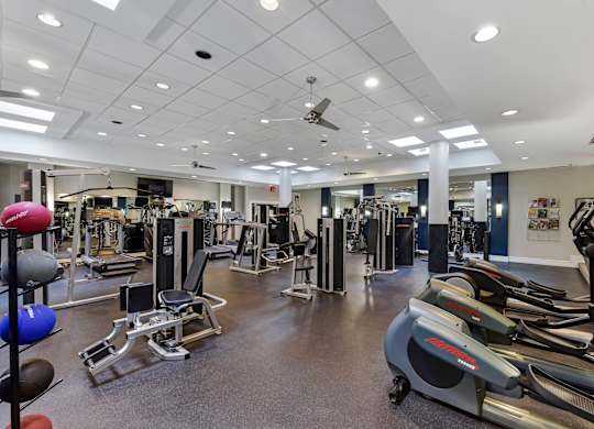 A gym with a variety of exercise equipment.