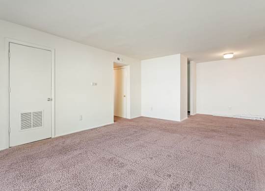 A room with a carpeted floor and white walls.