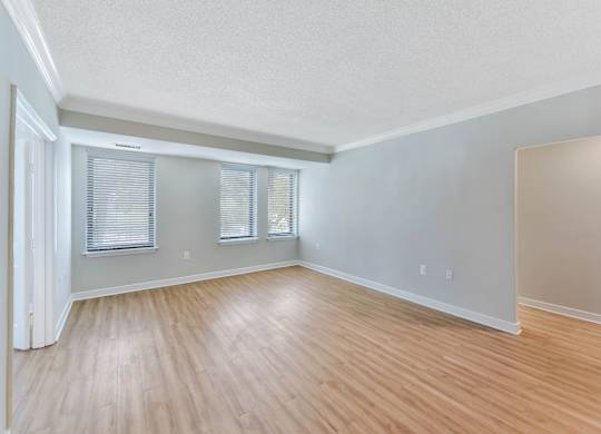 A room with wooden flooring and a window with blinds.