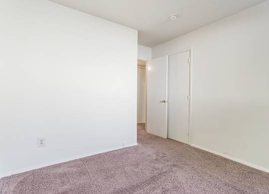 A room with a carpeted floor and two doors.
