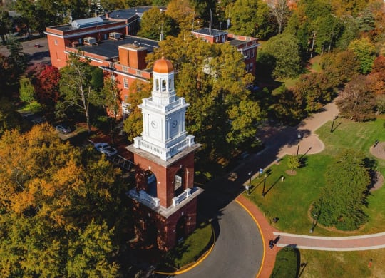 an aerial view of the clock tower on the campus at Brittany Commons Apartments, Spotsylvania, 22553