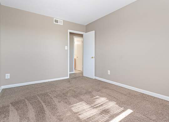 A room with a carpet and a door.