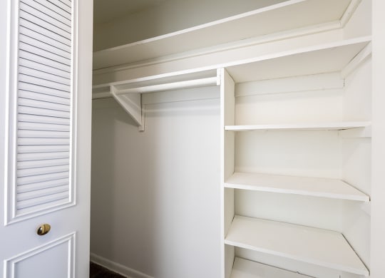 a closet with empty shelves and a door