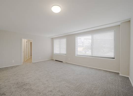 A spacious room with a carpeted floor and a single window.